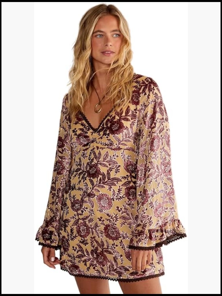 Vintage Floral Devore Lace Trim Ruffle Sleeve Mini Dress